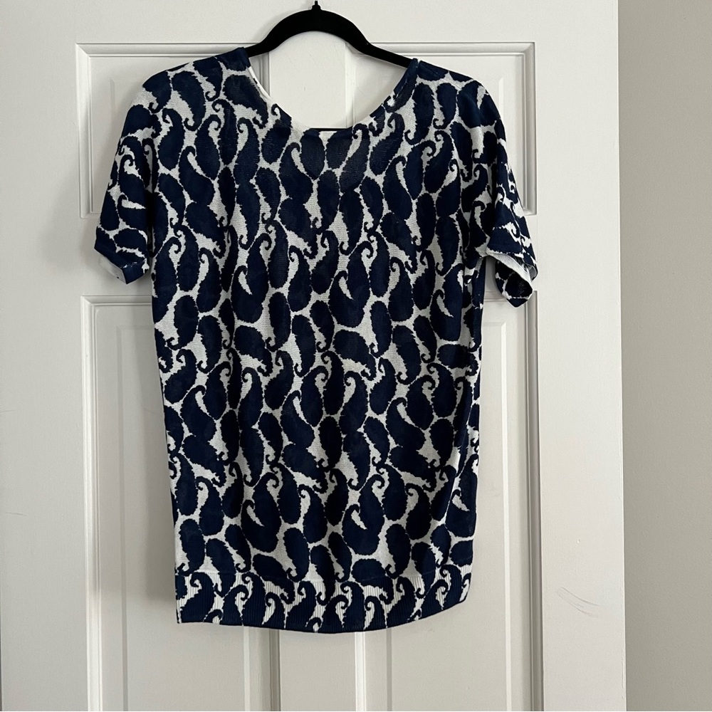 Talbots Navy Paisley V-Back Short Sleeve Sweater - Petite Small - Preowned EUC